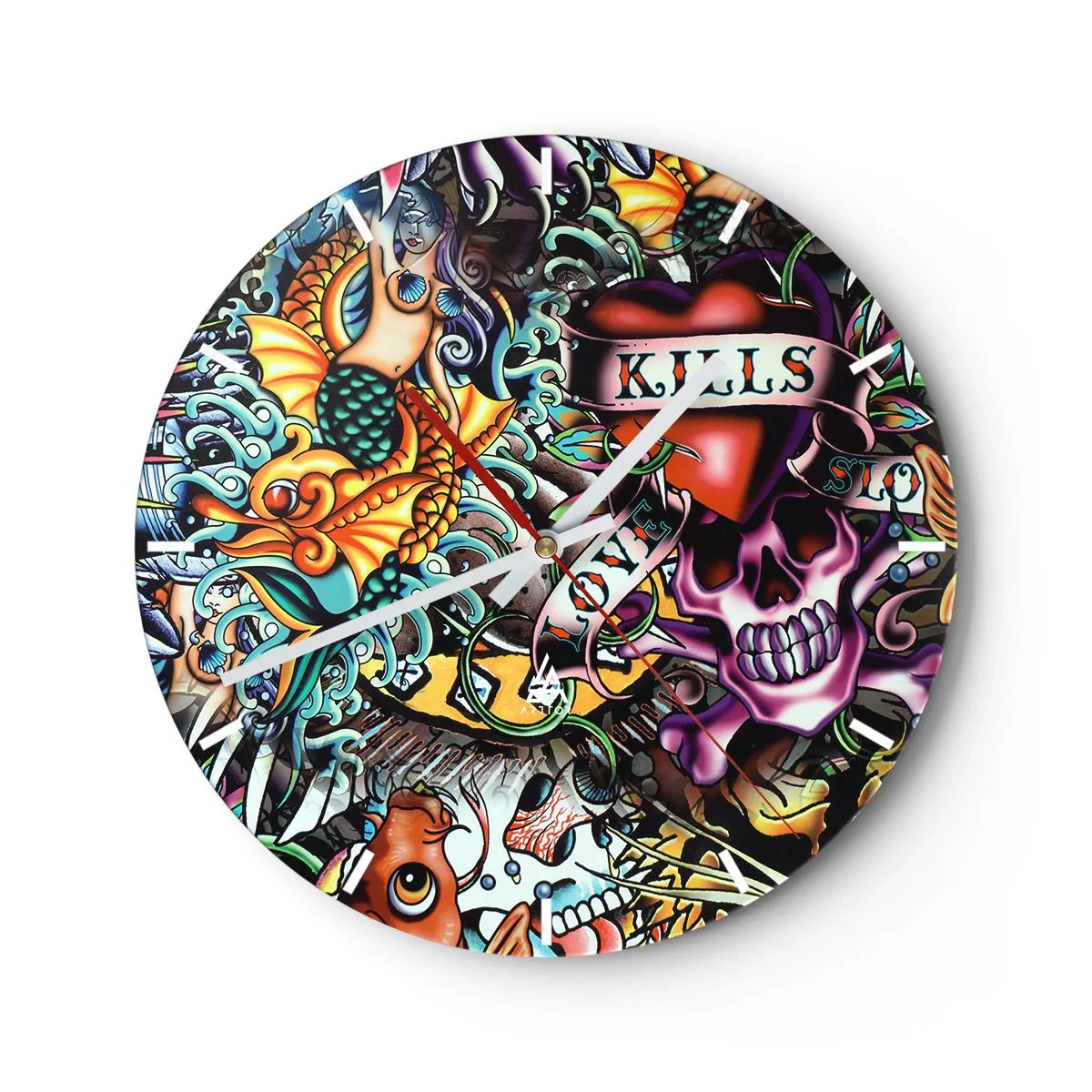 Wanduhr - Glasuhr - Buntes Totenkopf-, Meerjungfrau- und Herz-Tattoo-Motiv - 30x30cm - Der Traum des Tätowierers - Moderne Wanddekoration für Wohnzimmer, Küche und Schlafzimmer ARTTOR