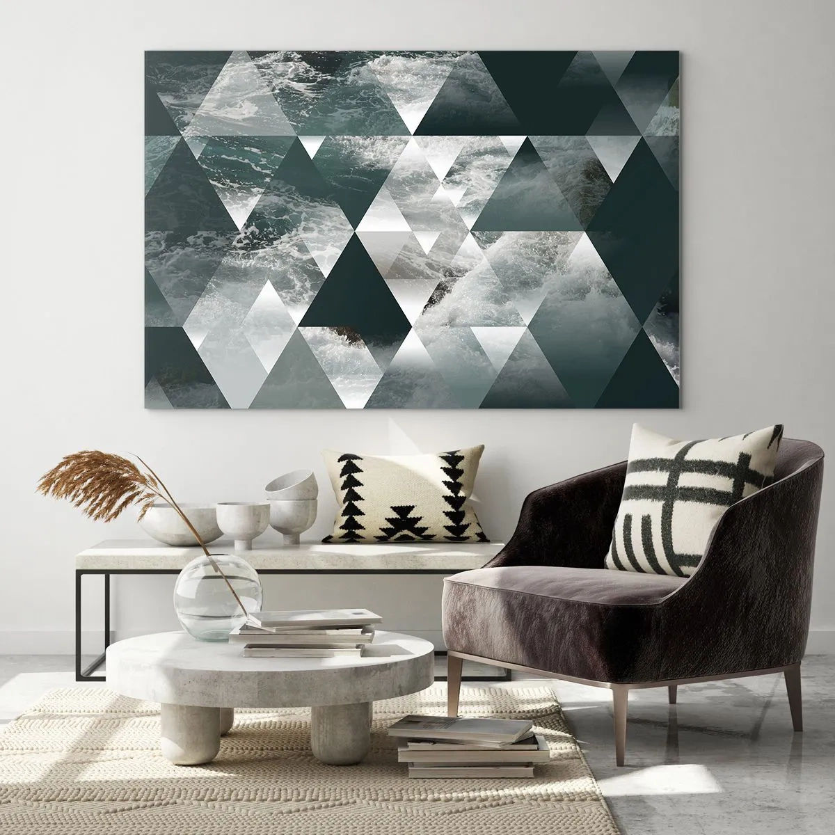 Glasbild - Bild auf glas - Abstrakte Komposition aus Dreiecken mit Wasserwellenmotiv - 70x50cm - Kristallperspektive - Moderne Wanddekoration für Wohnzimmer und Schlafzimmer ARTTOR