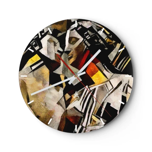 Wanduhr - Glasuhr - Kubistische Darstellung zweier Figuren in abstrakten Formen - 30x30cm - Ein statuenhafter Kuss - Moderne Wanddekoration für Wohnzimmer, Küche und Schlafzimmer ARTTOR