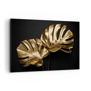 Bild auf Leinwand - Leinwandbild - Goldene Monstera-Blätter auf schwarzem Hintergrund - 120x80cm - Die Schätze der Natur - Moderne Wanddekoration für Wohnzimmer und Schlafzimmer ARTTOR