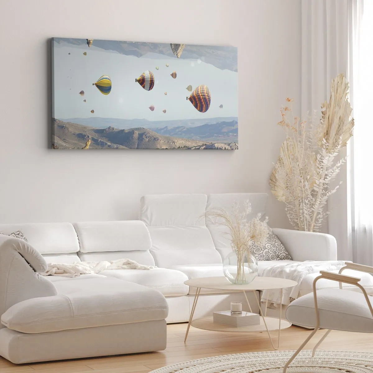 Bild auf Leinwand - Leinwandbild - Bunte Ballons über einer felsigen Landschaft - 140x50cm - Hier ist alles möglich - Moderne Wanddekoration für Wohnzimmer und Schlafzimmer ARTTOR