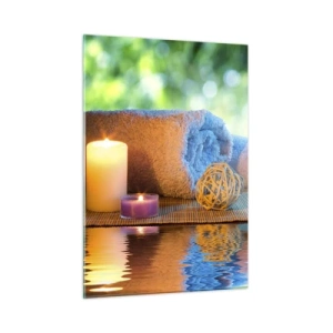 Glasbild - Bild auf glas - Spa mit Handtüchern, Kerzen und Steinen vor natürlicher Kulisse - 50x70cm - Zeit für den Körper - Moderne Wanddekoration für Wohnzimmer und Schlafzimmer ARTTOR