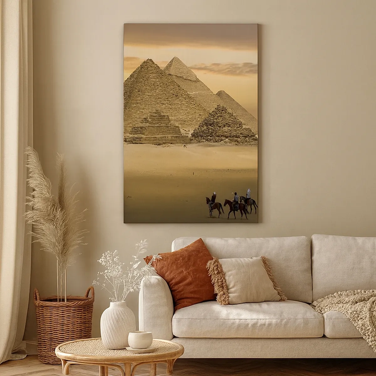 Bild auf Leinwand - Leinwandbild - Pyramiden in Ägypten bei Sonnenuntergang mit Reitern auf Pferden - 50x70cm - Seit Tausenden von Jahren keine Veränderung - Moderne Wanddekoration für Wohnzimmer und Schlafzimmer ARTTOR
