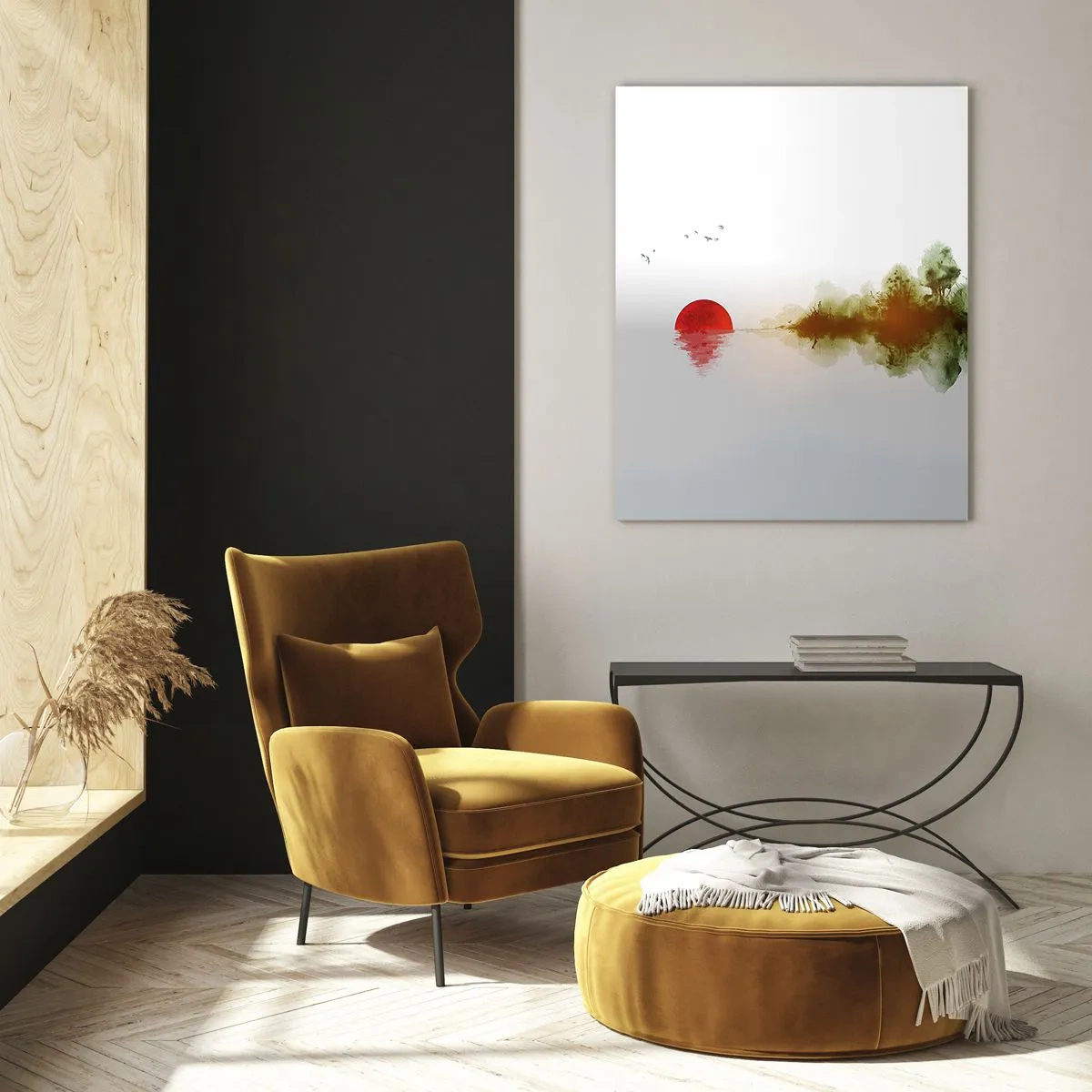 Glasbild - Bild auf glas - Abstrakter Sonnenuntergang über einem See mit Reflexion - 80x120cm - Versprechen der Ruhe - Moderne Wanddekoration für Wohnzimmer und Schlafzimmer ARTTOR