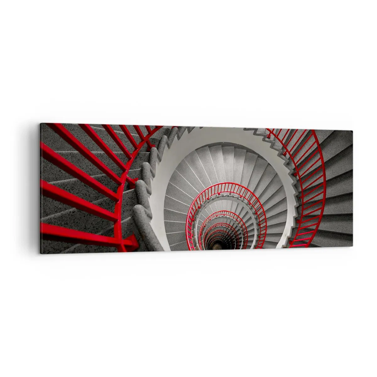 Bild auf Leinwand - Leinwandbild - Wendeltreppe mit roten Handläufen in dynamischer Perspektive - 140x50cm - Architekturspaß - Moderne Wanddekoration für Wohnzimmer und Schlafzimmer ARTTOR