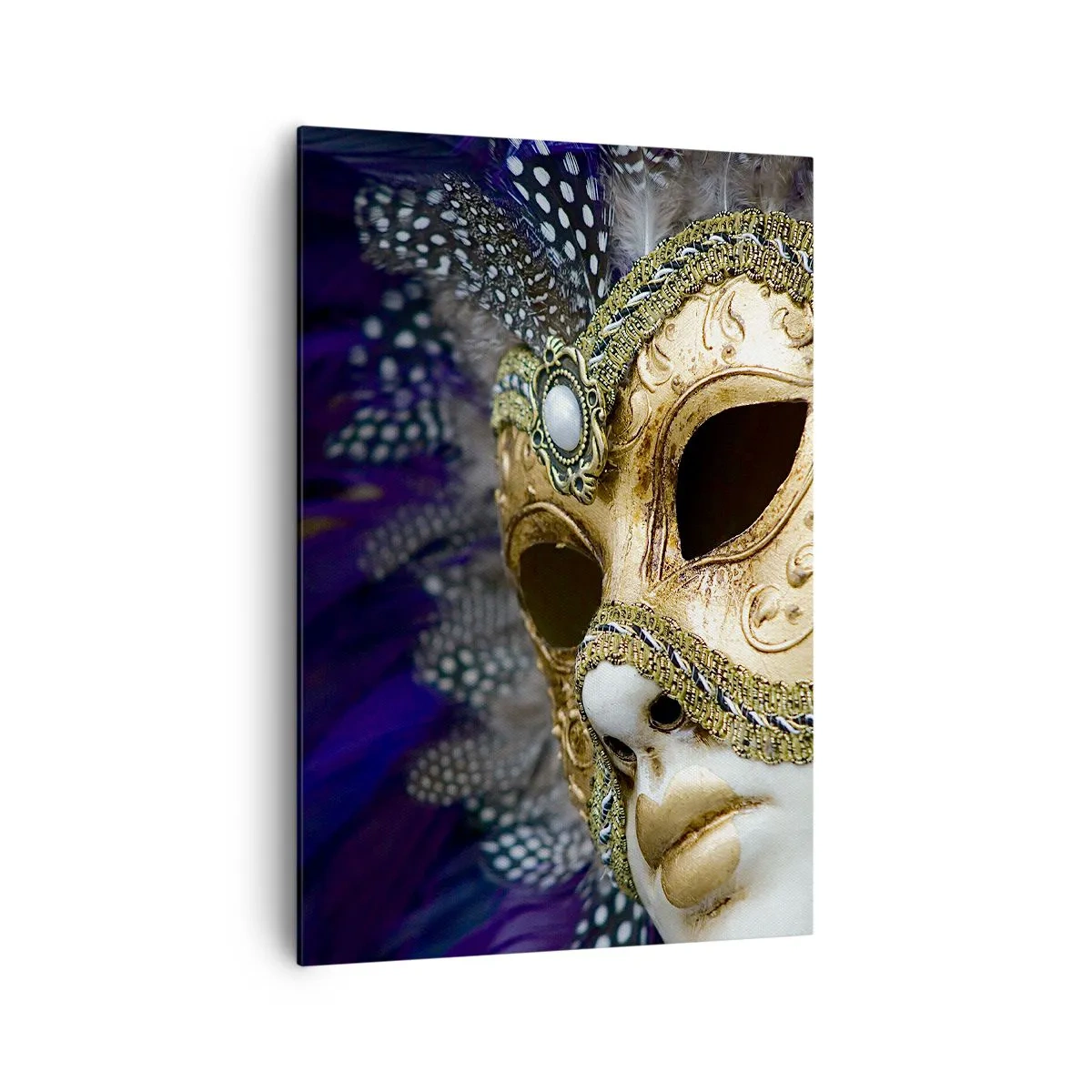 Bild auf Leinwand - Leinwandbild - Goldene venezianische Maske mit dekorativen Federn und Ornamenten - 70x100cm - Venezianisches Porträt in Gold - Moderne Wanddekoration für Wohnzimmer und Schlafzimmer ARTTOR