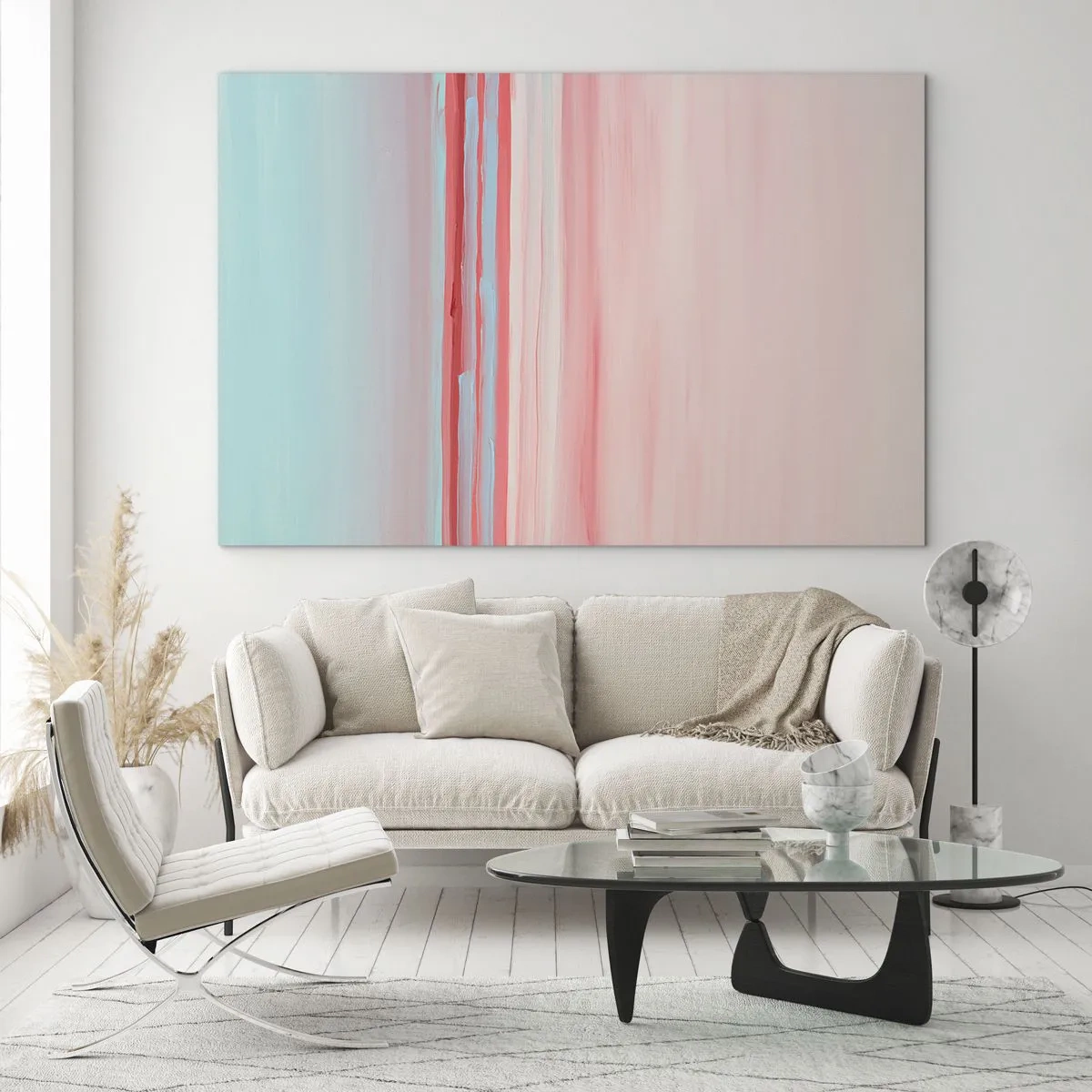 Glasbild - Bild auf glas - Vertikale Streifen in Pastelltönen von Rosa und Blau - 70x50cm - Abstraktion im Morgengrauen - Moderne Wanddekoration für Wohnzimmer und Schlafzimmer ARTTOR