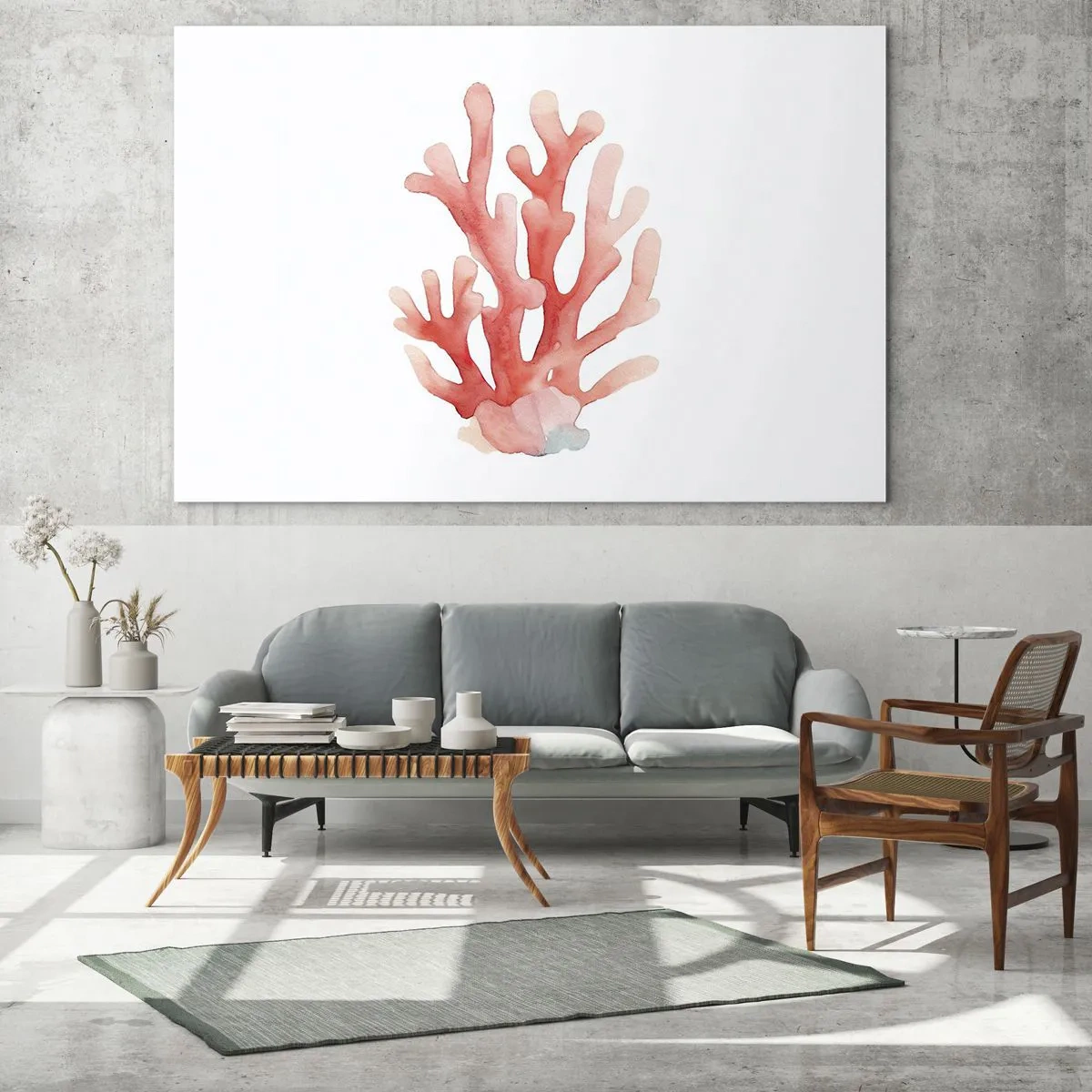 Glasbild - Bild auf glas - Aquarell rosa Koralle auf weißem Hintergrund - 70x50cm - Korallenfarbene Koralle - Moderne Wanddekoration für Wohnzimmer und Schlafzimmer ARTTOR