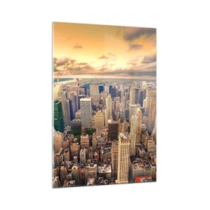 Glasbild - Bild auf glas - Stadtpanorama mit Wolkenkratzern bei Sonnenuntergang - 50x70cm - Vergoldete Metropole - Moderne Wanddekoration für Wohnzimmer und Schlafzimmer ARTTOR