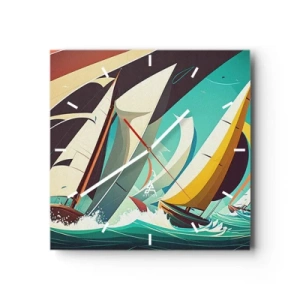 Wanduhr - Glasuhr - Eine dynamische Illustration von Segelbooten in stürmischer See. - 30x30cm - Viel Glück mit den Elementen - Moderne Wanddekoration für Wohnzimmer und Schlafzimmer ARTTOR