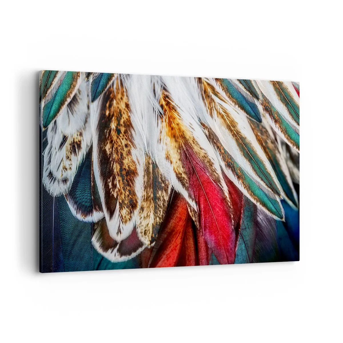Bild auf Leinwand - Leinwandbild - Nahaufnahme von mehrfarbigen Federn in leuchtenden, intensiven Farben - 120x80cm - Geheimnisse des Fliegens - Moderne Wanddekoration für Wohnzimmer und Schlafzimmer ARTTOR