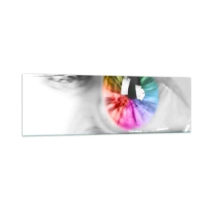Glasbild - Bild auf glas - Künstlerische Aufnahme eines Auges mit einer Regenbogeniris auf grauem Hintergrund - 160x50cm - Schau dir die Welt in Farbe an - Moderne Wanddekoration für Wohnzimmer und Schlafzimmer ARTTOR