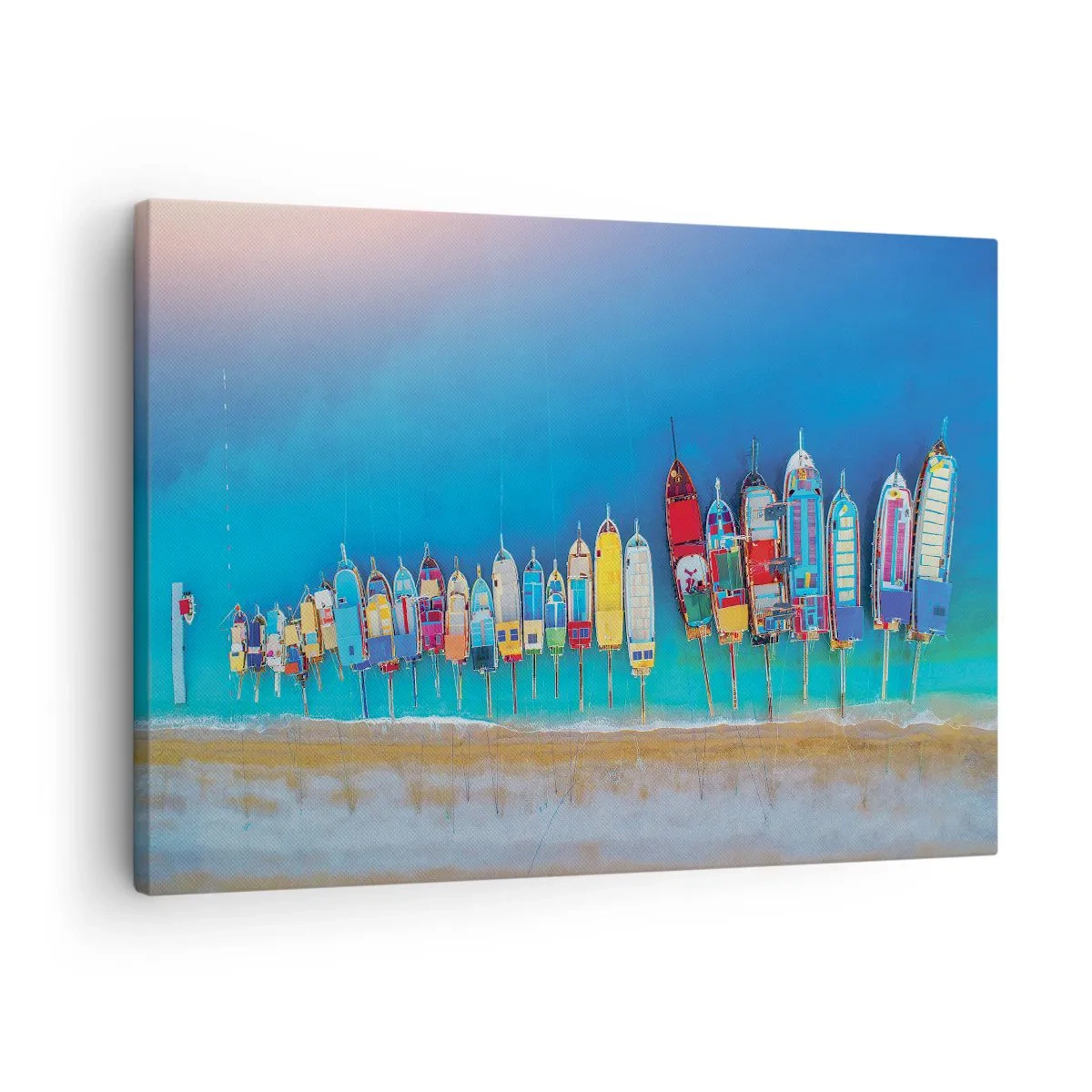 Bild auf Leinwand - Leinwandbild - Bunte Boote in einer Reihe am Ufer aufgereiht - 70x50cm - Aus der Vogelperspektive - Moderne Wanddekoration für Wohnzimmer und Schlafzimmer ARTTOR