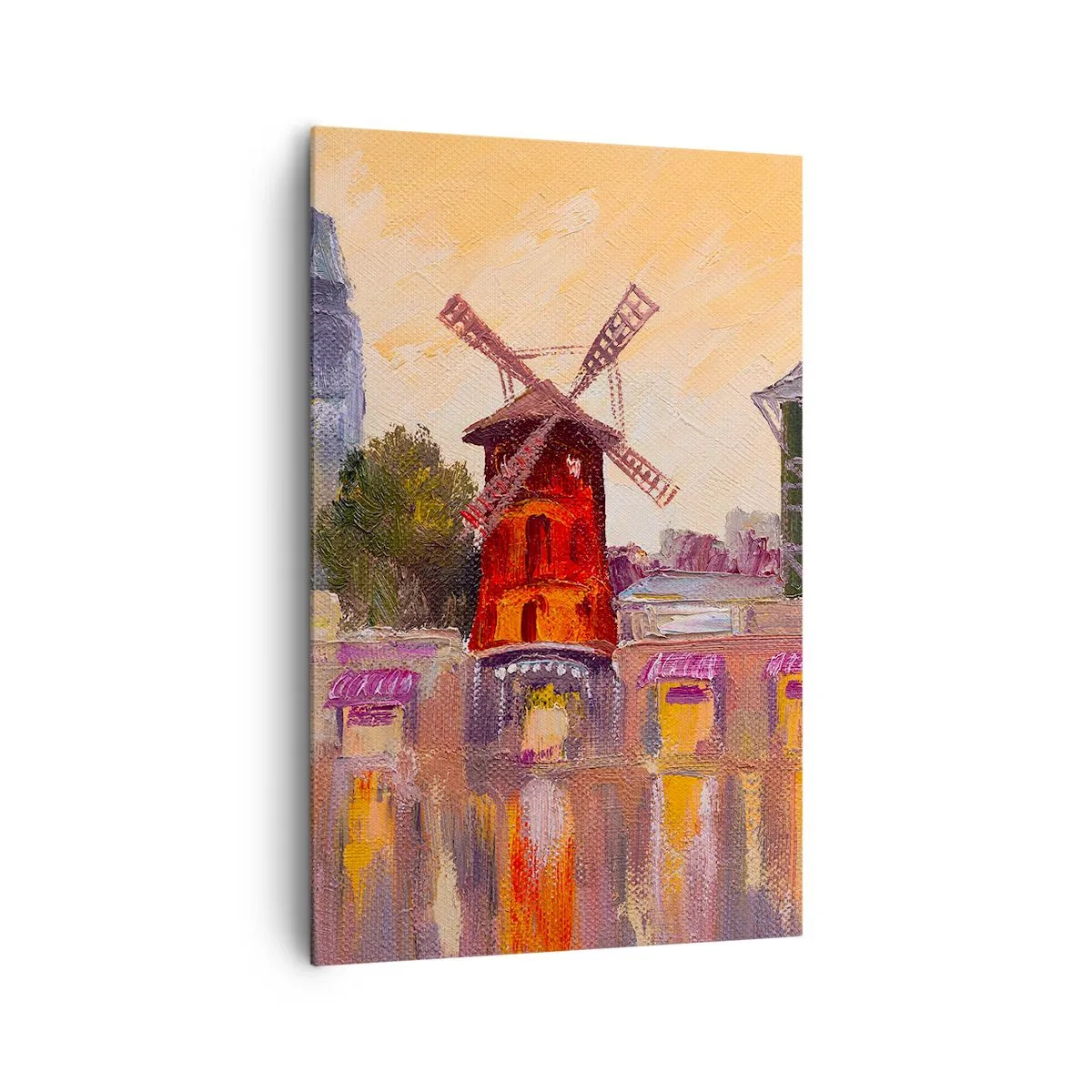 Bild auf Leinwand - Leinwandbild - Die rote Windmühle des Moulin Rouge, umgeben von der Stadtlandschaft - 80x120cm - Pariser Ikonen – Moulin Rouge - Moderne Wanddekoration für Wohnzimmer und Schlafzimmer ARTTOR