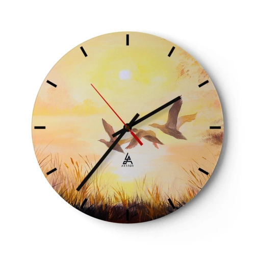 Wanduhr - Glasuhr - Fliegende Enten vor dem Hintergrund der untergehenden Sonne und Gras - 30x30cm - Der Beginn einer langen Reise - Moderne Wanddekoration für Wohnzimmer, Küche und Schlafzimmer ARTTOR