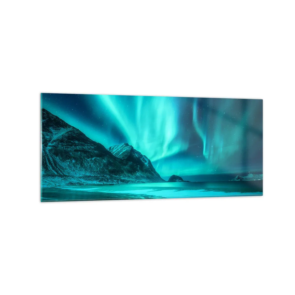 Glasbild - Bild auf glas - Aurora Borealis über einer bergigen Winterlandschaft - 120x50cm - Wunder des Nordens - Moderne Wanddekoration für Wohnzimmer und Schlafzimmer ARTTOR