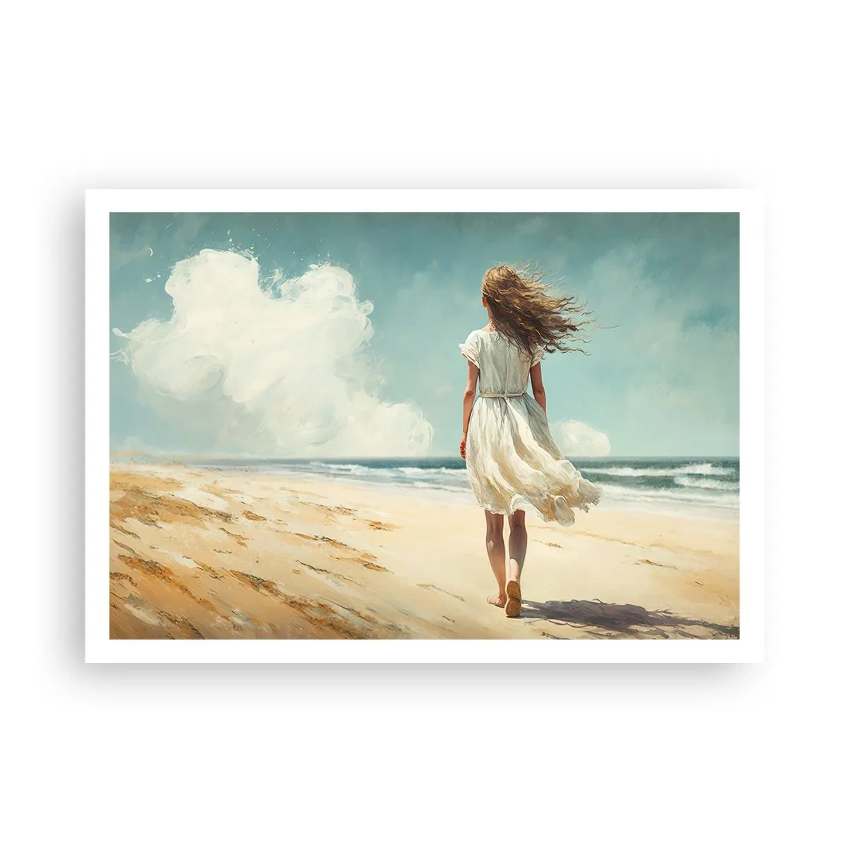 Poster - Eine Frau in einem weißen Kleid geht an einem sonnigen Tag am Strand spazieren - 100x70cm - Der Sonne und dem Wind begegnen - Moderne Wanddekoration für Wohnzimmer und Schlafzimmer ARTTOR