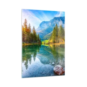 Glasbild - Bild auf glas - Ein Bergsee, umgeben von Wäldern und majestätischen Gipfeln - 50x70cm - Die Sanftheit des Herbstes - Moderne Wanddekoration für Wohnzimmer und Schlafzimmer ARTTOR