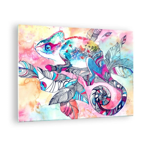Glasbild - Bild auf glas - Buntes Chamäleon zwischen Blättern im Aquarellstil - 70x50cm - So bunt wie unsere Welt - Moderne Wanddekoration für Wohnzimmer und Schlafzimmer ARTTOR