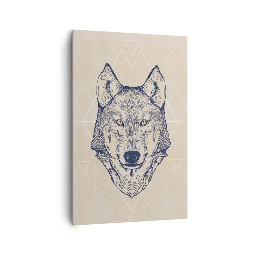 Bild auf Leinwand - Leinwandbild - Ein geometrischer Wolf auf hellem Hintergrund mit minimalistischen Mustern. - 80x120cm - Ein Alpha mit durchdringendem Blick - Moderne Wanddekoration für Wohnzimmer und Schlafzimmer ARTTOR