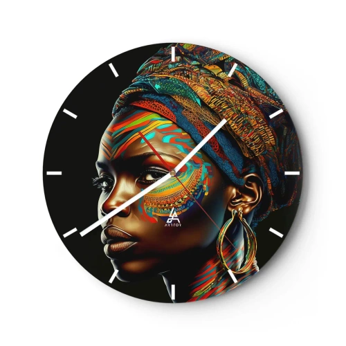 Wanduhr - Glasuhr - Farbporträt einer Frau mit Turban vor schwarzem Hintergrund - 30x30cm - Afrikanische Königin - Moderne Wanddekoration für Wohnzimmer, Küche und Schlafzimmer ARTTOR