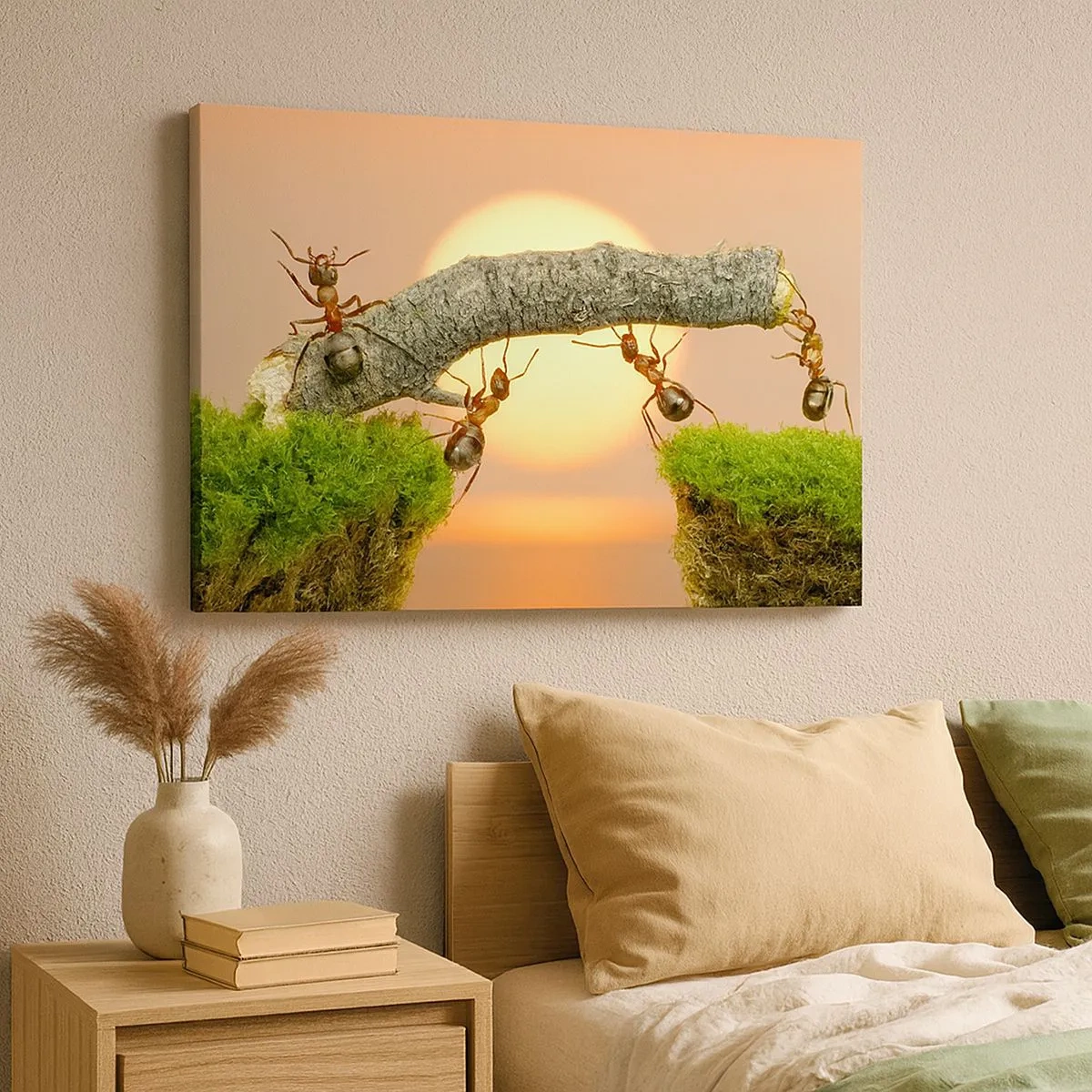 Bild auf Leinwand - Leinwandbild - Ameisen bauen vor dem Hintergrund der untergehenden Sonne eine Brücke aus Ästen. - 70x50cm - Glücklich, zusammen arbeiten - Moderne Wanddekoration für Wohnzimmer und Schlafzimmer ARTTOR
