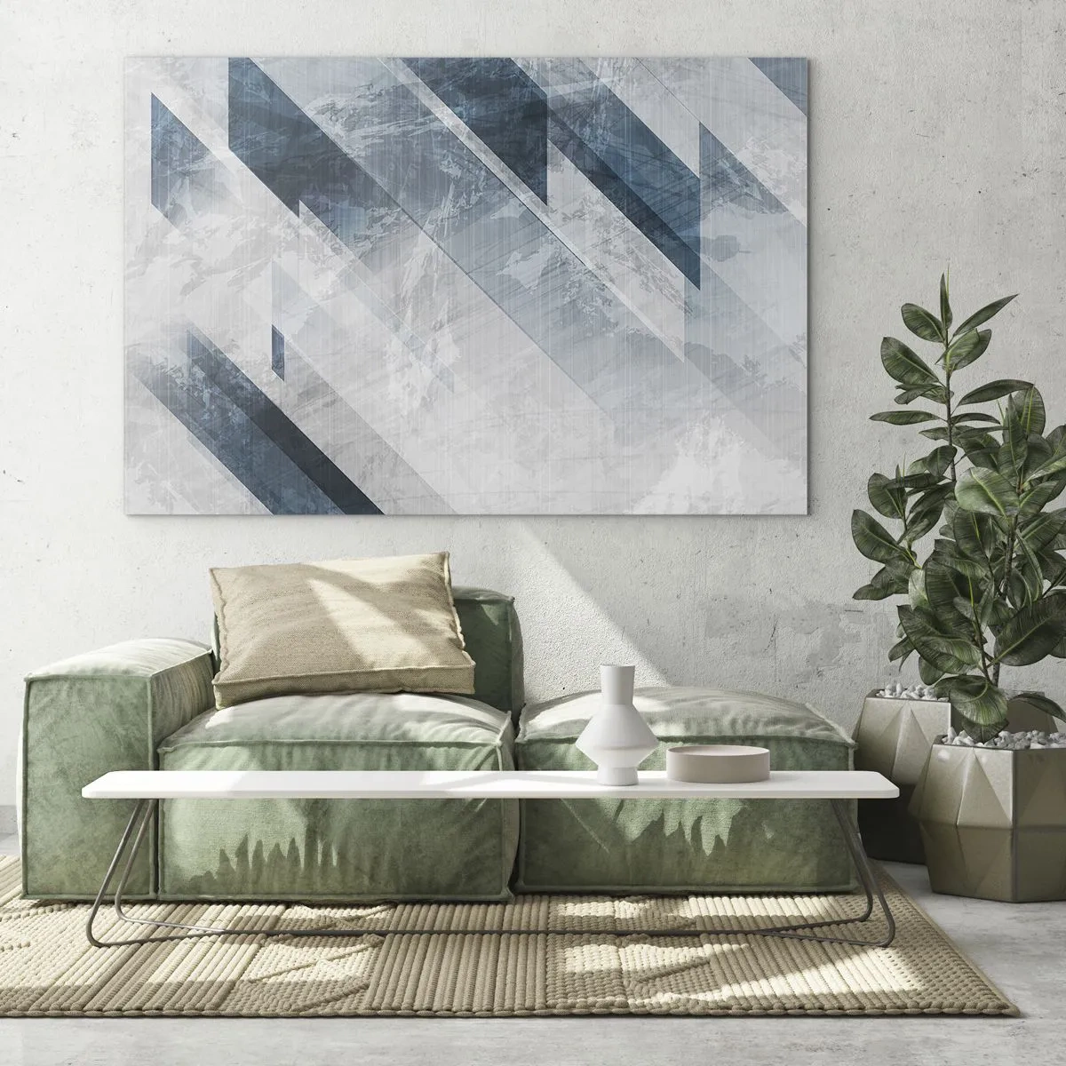 Glasbild - Bild auf glas - Geometrische Streifen in Grau- und Marineblautönen - 70x50cm - Räumliche Komposition - graue Bewegung - Moderne Wanddekoration für Wohnzimmer und Schlafzimmer ARTTOR