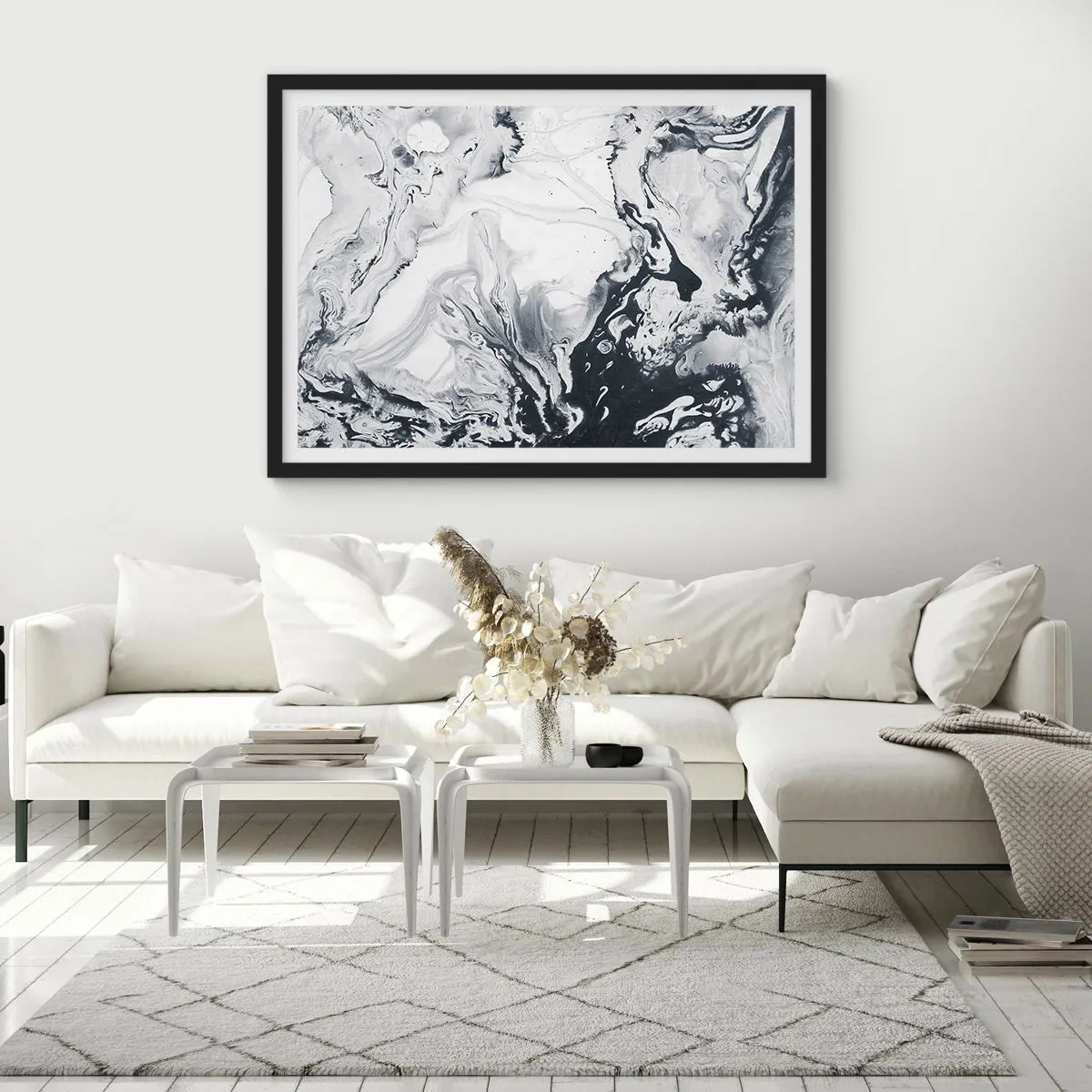 Poster in einem schwarzem Rahmen - Monochromes abstraktes Muster mit Marmoreffekt - 70x50cm - Das Innere der Erde - Moderne Wanddekoration für Wohnzimmer und Schlafzimmer ARTTOR