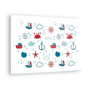 Glasbild - Bild auf glas - Nautische Muster mit Krabben, Ankern und Schiffen - 70x50cm - Märchen vom Meer - Moderne Wanddekoration für Wohnzimmer und Schlafzimmer ARTTOR