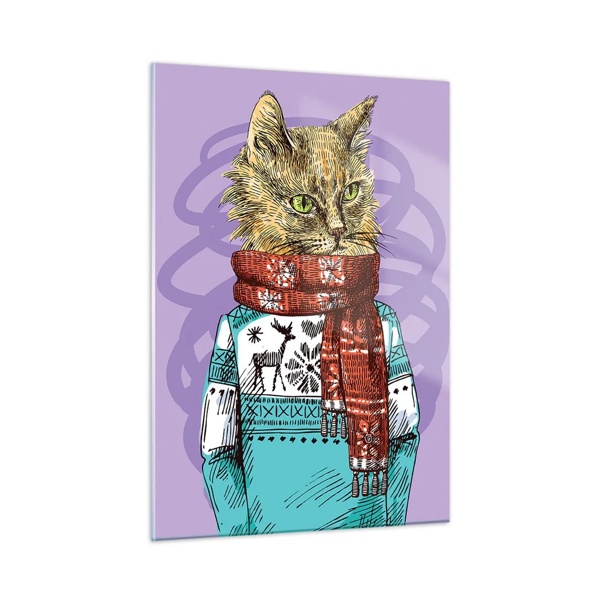 Glasbild - Bild auf glas - Eine Katze in Pullover und Schal auf violettem Hintergrund - 50x70cm - Die Katze nicht nur in Schuhen - Moderne Wanddekoration für Wohnzimmer und Schlafzimmer ARTTOR