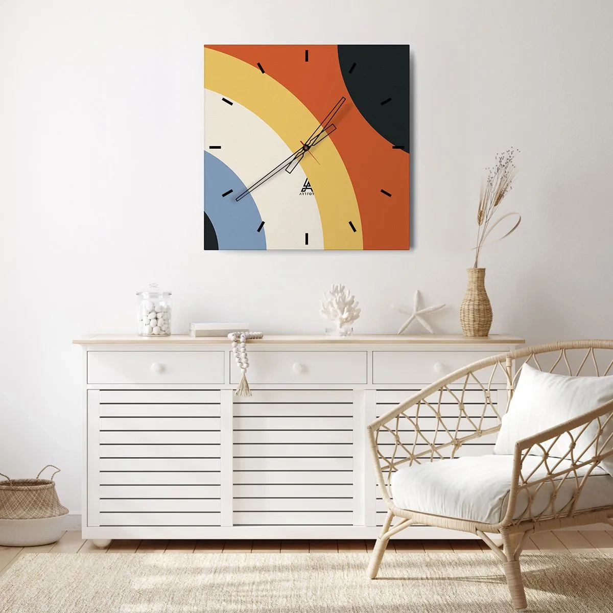 Wanduhr - Glasuhr - Abstraktes Kunstwerk mit bunten Bögen und kontrastierenden Kreisen - 30x30cm - Zu mir selbst - Moderne Wanddekoration für Wohnzimmer und Schlafzimmer ARTTOR