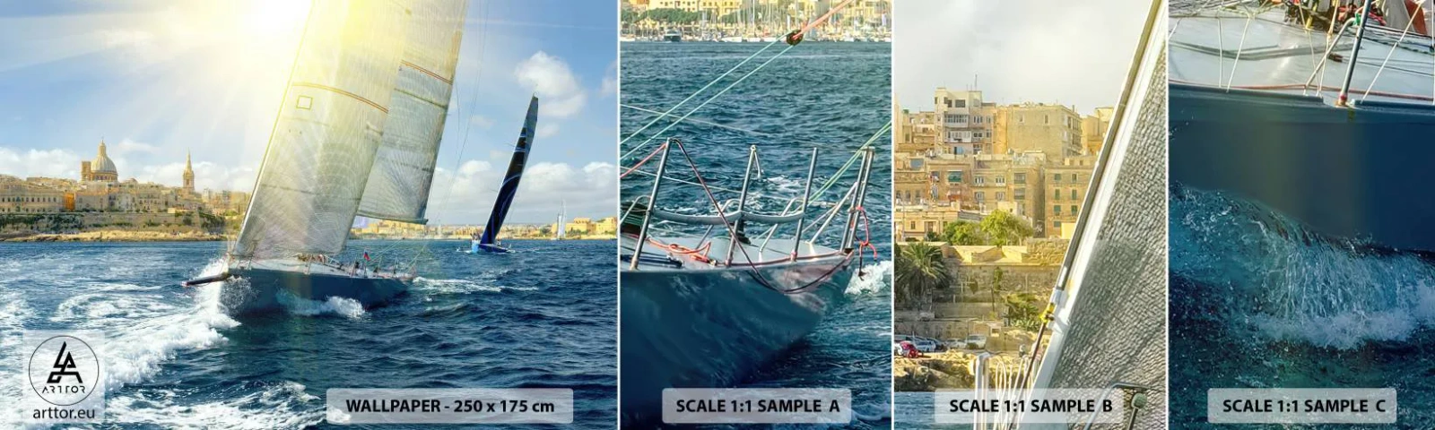 Fototapetenmuster Standard Eco - Es ist Zeit die Stadt zu verlassen - Stadt, Meer, Yacht - 100x30 cm