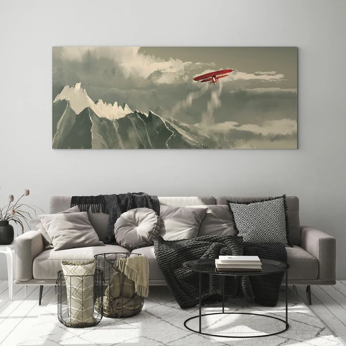 Glasbild - Bild auf glas - Rotes Flugzeug über schneebedeckten Bergen - 120x50cm - Furchtloser Pionier - Moderne Wanddekoration für Wohnzimmer und Schlafzimmer ARTTOR