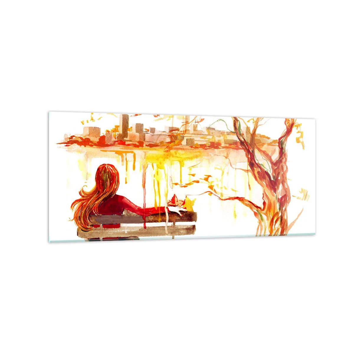 Glasbild - Bild auf glas - Aquarellszene einer Frau auf einer Bank mit Blick auf die Stadt - 120x50cm - Ein Moment der Besinnung - Moderne Wanddekoration für Wohnzimmer und Schlafzimmer ARTTOR