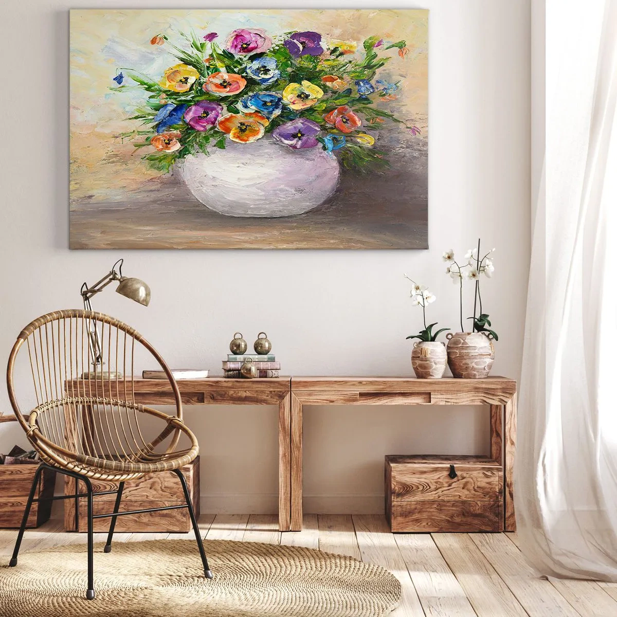 Bild auf Leinwand - Leinwandbild - Ein bunter Blumenstrauß in einer weißen Vase - 100x70cm - Stillleben mit einer weißen Vase - Moderne Wanddekoration für Wohnzimmer und Schlafzimmer ARTTOR