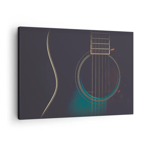 Bild auf Leinwand - Leinwandbild - Akustikgitarre in dunklem, elegantem Licht - 70x50cm - Einen Moment bevor es ertönt - Moderne Wanddekoration für Wohnzimmer und Schlafzimmer ARTTOR