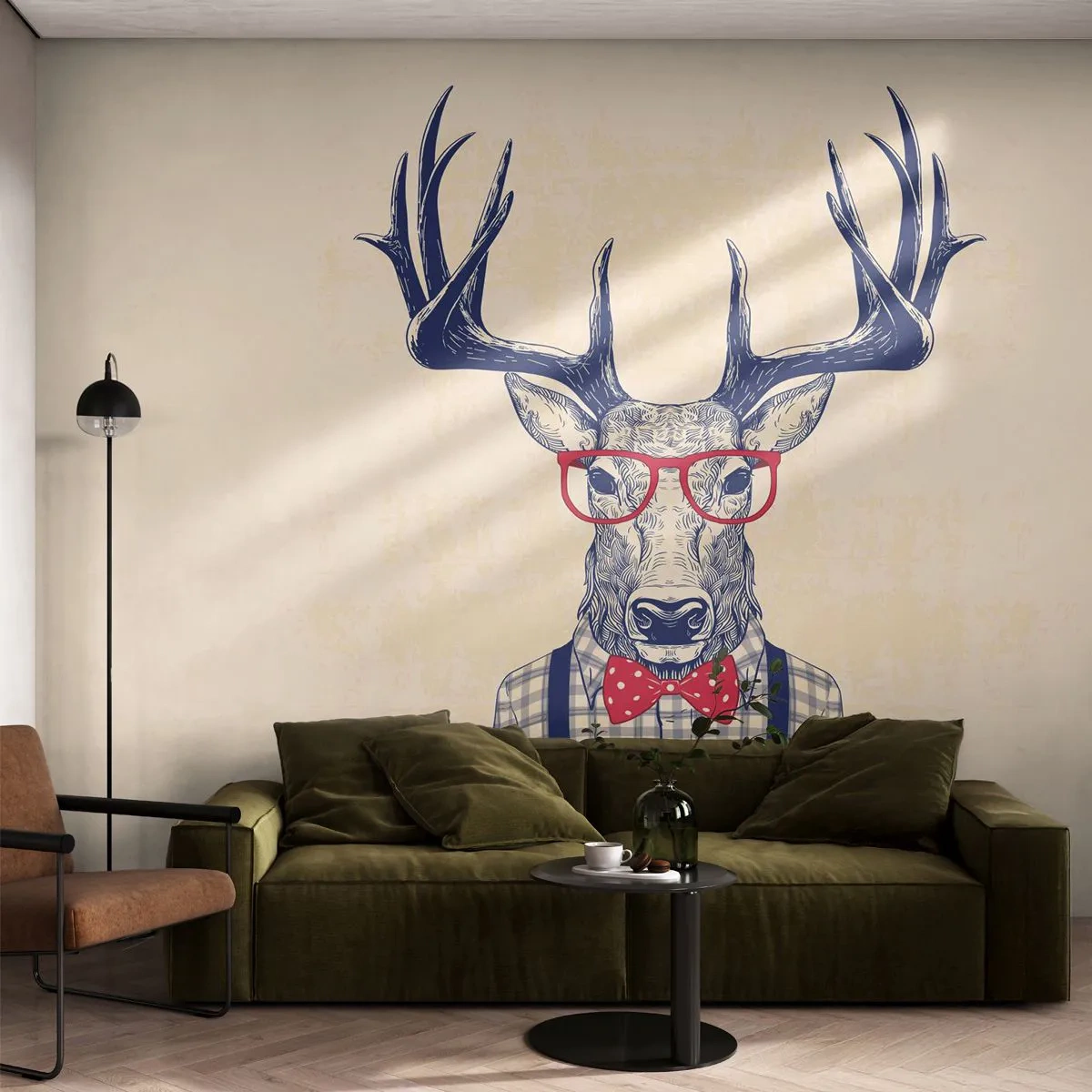 Fototapete Premium Sand - Stilvoller Hirsch mit Brille und Fliege auf beigem Hintergrund - 100x70cm - Eine lustige Extravaganz - Moderne Wanddekoration für Wohnzimmer und Schlafzimmer ARTTOR
