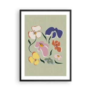 Poster in einem schwarzem Rahmen - Bunte Blumen auf grünem Hintergrund im künstlerischen Stil - 50x70cm - Mit Stiefmütterchen vertraut - Moderne Wanddekoration für Wohnzimmer und Schlafzimmer ARTTOR