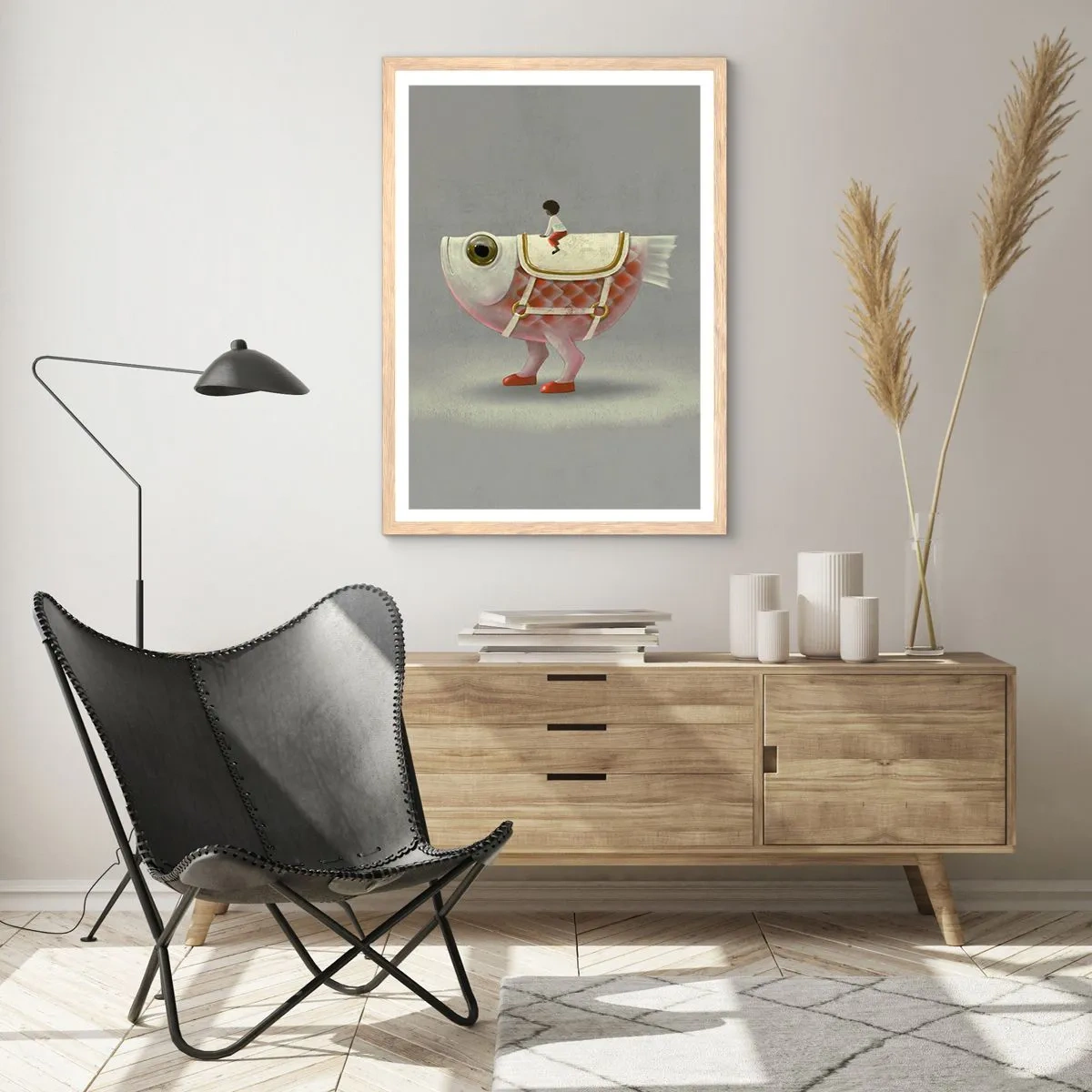 Poster in einem Rahmen aus heller Eiche - Reiter auf einem surrealen Fisch - 50x70 cm