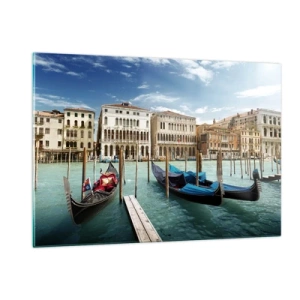 Glasbild - Bild auf glas - Gondeln auf einem Kanal in Venedig an einem sonnigen Tag - 120x80cm - Paläste in Blau - Moderne Wanddekoration für Wohnzimmer und Schlafzimmer ARTTOR