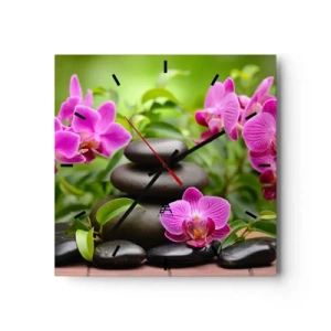 Wanduhr - Glasuhr - Rosa Orchideen mit Steinen auf grünem Hintergrund - 30x30cm - Die Pyramide des Friedens - Moderne Wanddekoration für Wohnzimmer und Schlafzimmer ARTTOR