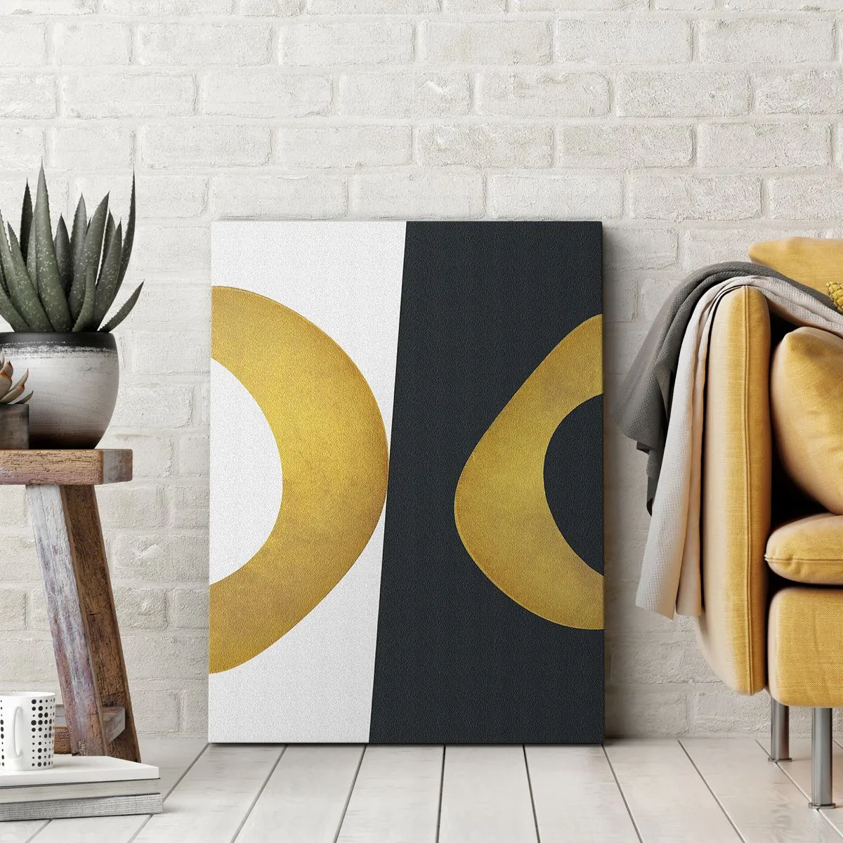 Bild auf Leinwand - Leinwandbild - Geometrische Formen in Gold auf weißem und dunklem Hintergrund - 80x120cm - Erstens: Gold - Moderne Wanddekoration für Wohnzimmer und Schlafzimmer ARTTOR