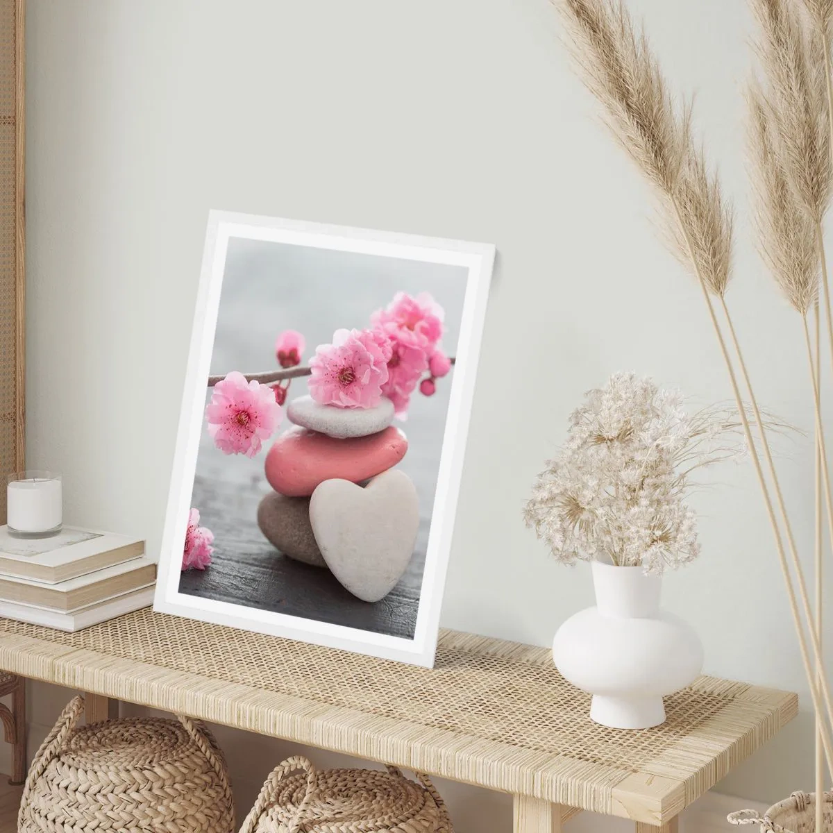 Poster in einem weißen Rahmen - Glückseligkeit mit einer Kirschblüte - 70x100 cm