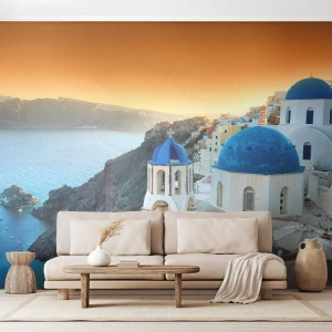 Fototapete Premium Sand - Santorini - an die Felsen gekuschelt - Landschaft, Griechenland, Santorin - 400x280 cm
