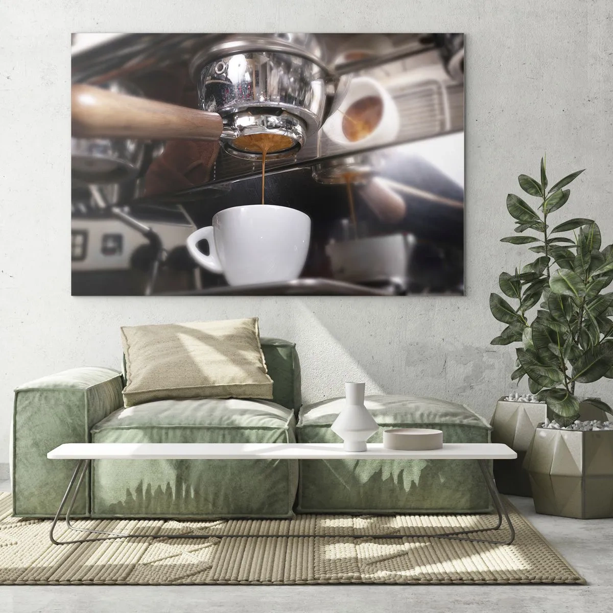 Glasbild - Bild auf glas - Nahaufnahme einer Tasse Kaffee, die aus einer Druckkaffeemaschine eingeschenkt wird - 120x80cm - Gute Zeit des Tages - Moderne Wanddekoration für Wohnzimmer und Schlafzimmer ARTTOR