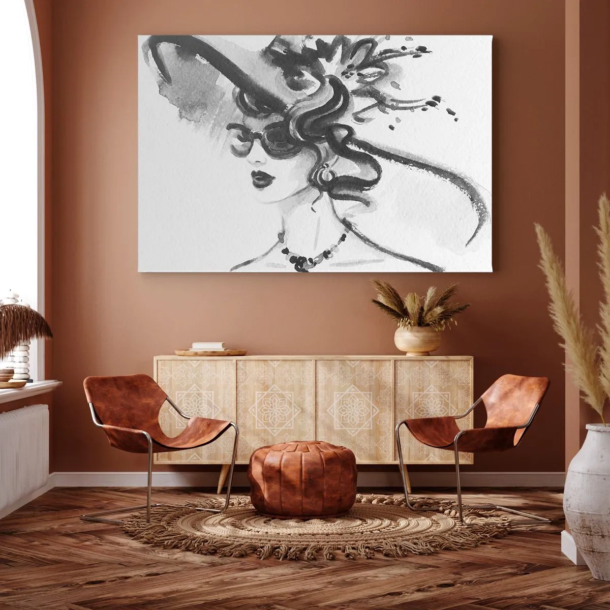 Bild auf Leinwand - Leinwandbild - Elegante Frau mit Hut im Schwarz-Weiß-Stil - 70x50cm - Eine Dame mit Charakter - Moderne Wanddekoration für Wohnzimmer und Schlafzimmer ARTTOR
