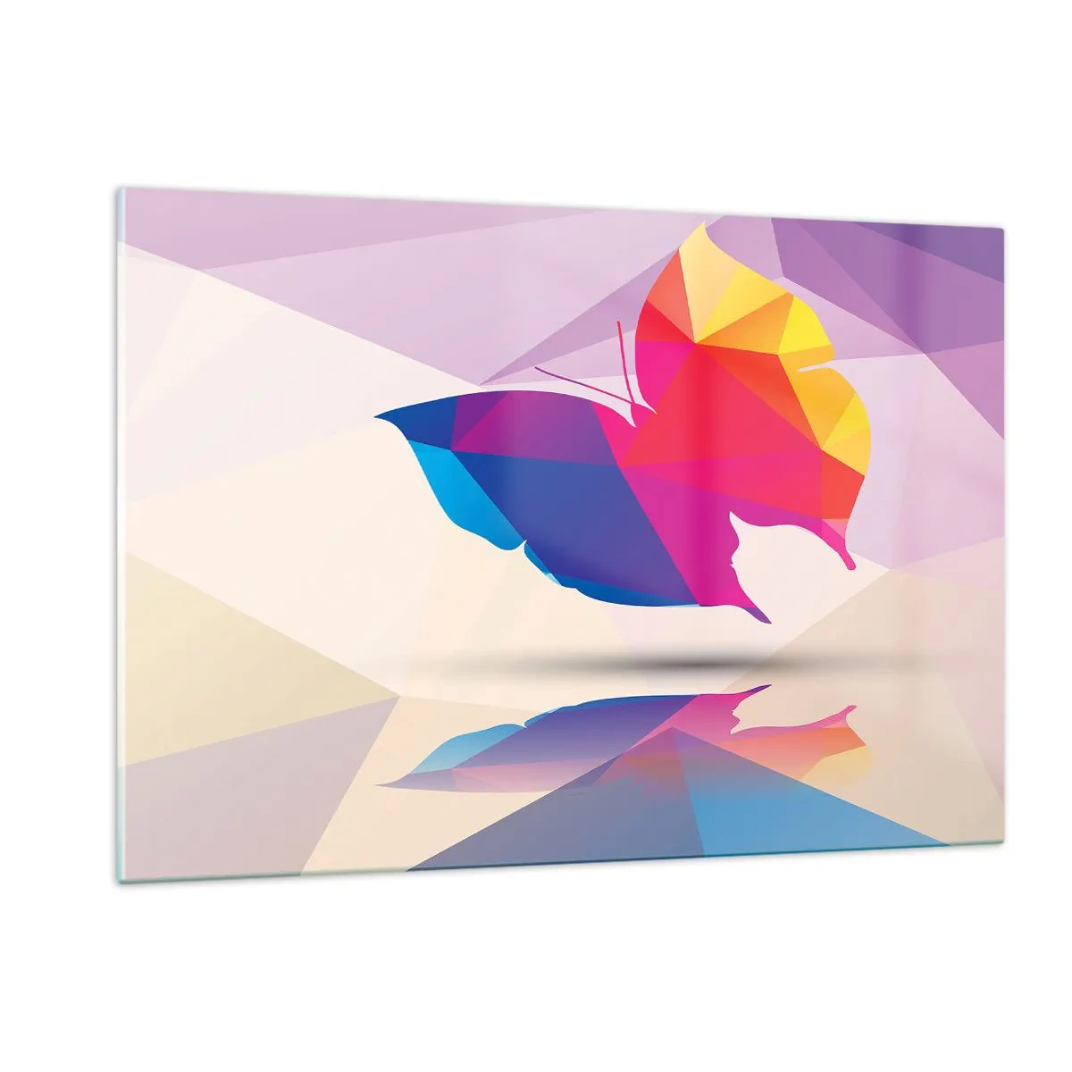 Glasbild - Bild auf glas - Geometrischer Schmetterling in leuchtend bunter Abstraktion - 120x80cm - Regenbogenschmetterling - Moderne Wanddekoration für Wohnzimmer und Schlafzimmer ARTTOR