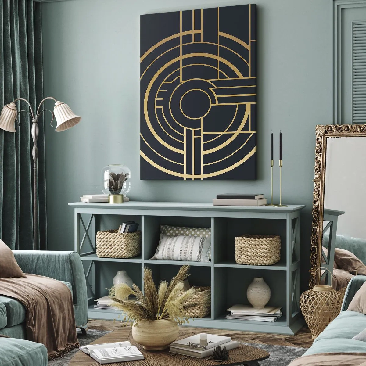 Bild auf Leinwand - Leinwandbild - Geometrisches Muster mit goldenen Linien - 50x70cm - Wendungen der Dinge - Moderne Wanddekoration für Wohnzimmer und Schlafzimmer ARTTOR