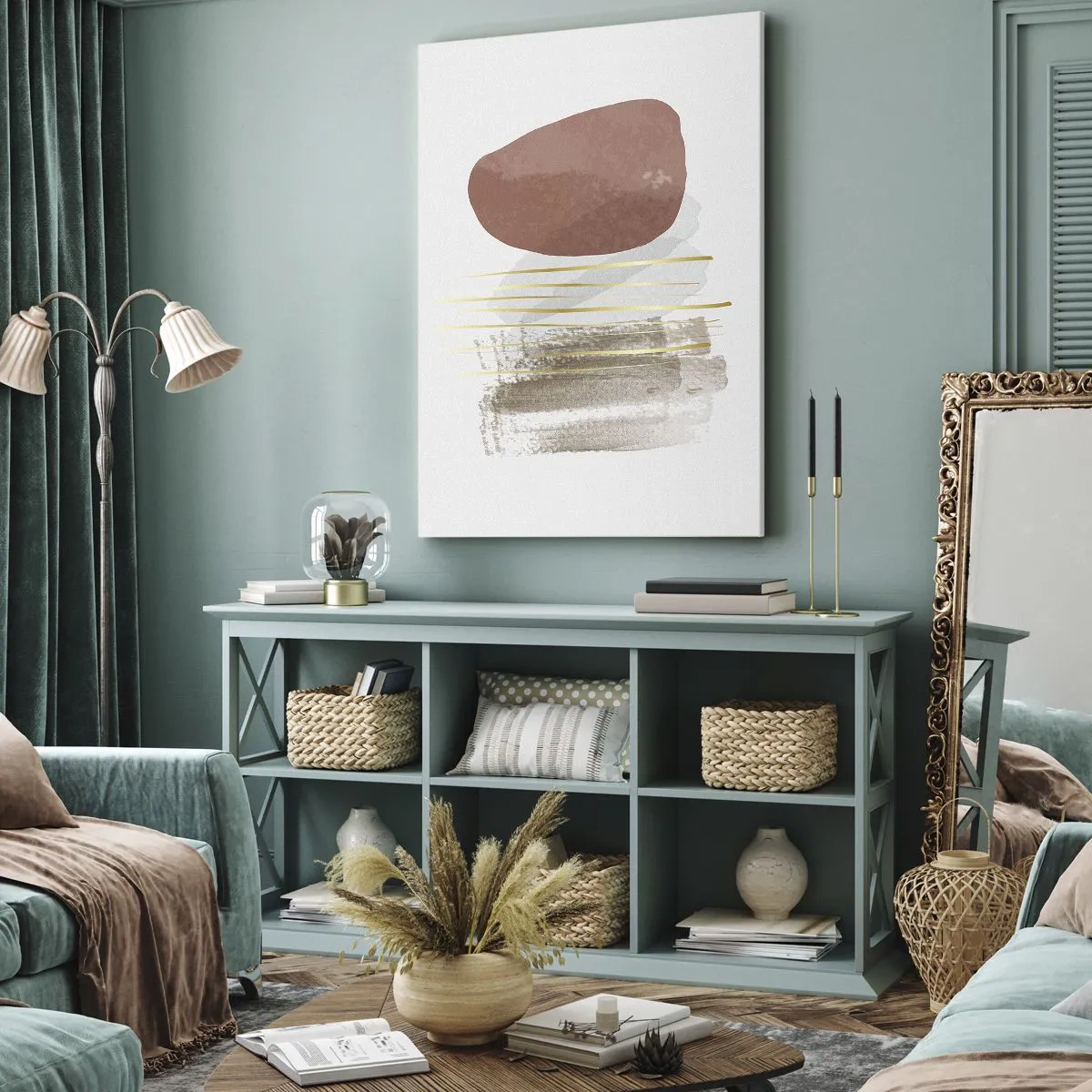 Bild auf Leinwand - Leinwandbild - Abstrakte Komposition in Beige- und Goldtönen - 50x70cm - Abstrakte Kolonnade - Moderne Wanddekoration für Wohnzimmer und Schlafzimmer ARTTOR