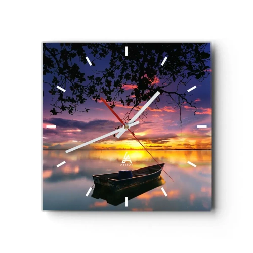 Wanduhr - Glasuhr - Ein Boot auf ruhigem Wasser bei Sonnenuntergang - 30x30cm - Du scheinst mitten am Himmel zu hängen... - Moderne Wanddekoration für Wohnzimmer und Schlafzimmer ARTTOR